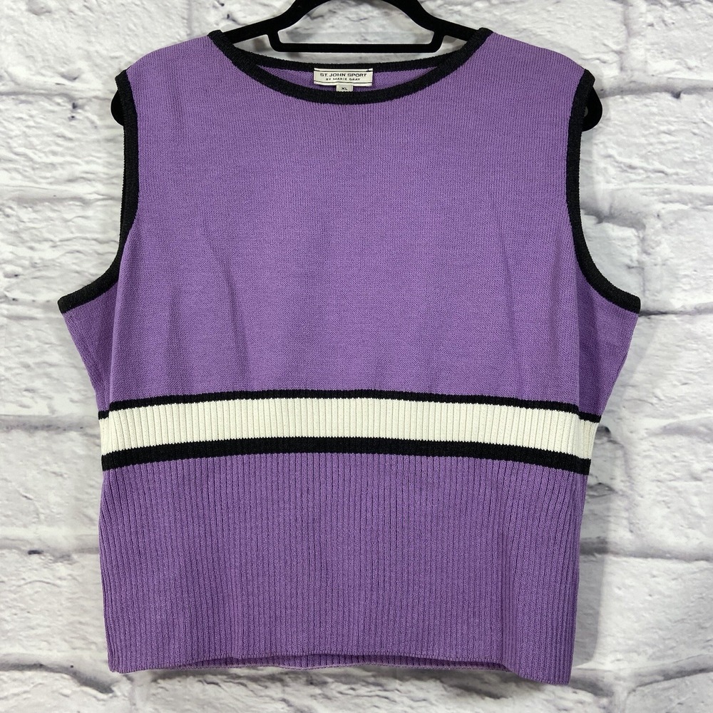 St. John Sport Top Women's XL Purple Stripe Santana Knit Wool Blend